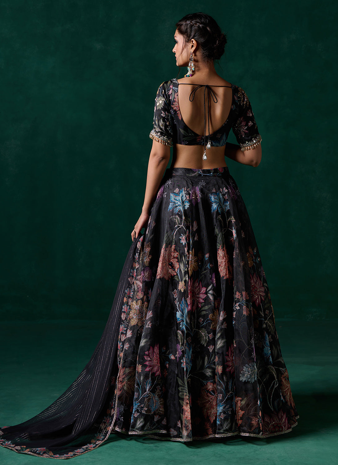 Black Multicolor Floral Printed Lehenga