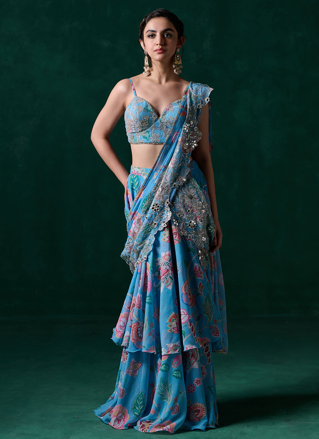 Light Blue Multicolor Floral Printed Saree