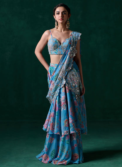 Light Blue Multicolor Floral Printed Saree