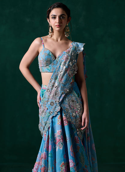 Light Blue Multicolor Floral Printed Saree