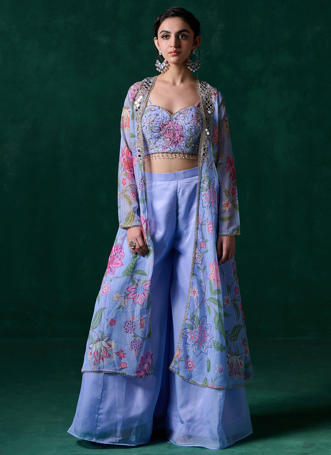 Periwinkle Floral Printed Pant Set With Jacket