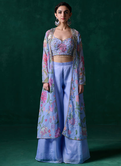 Periwinkle Floral Printed Pant Set With Jacket