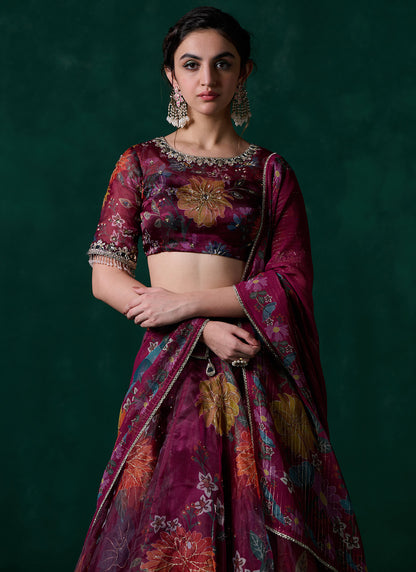 Wine Multicolor Floral Printed Lehenga