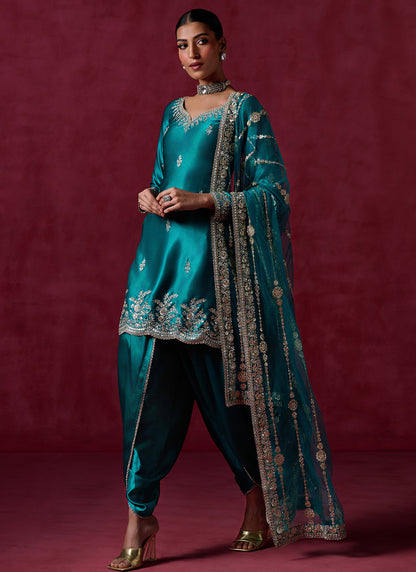 Sea Green Embroidered Satin Punjabi Suit