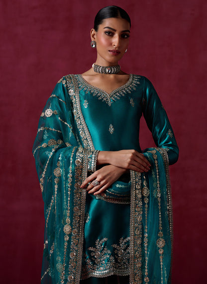 Sea Green Embroidered Satin Punjabi Suit