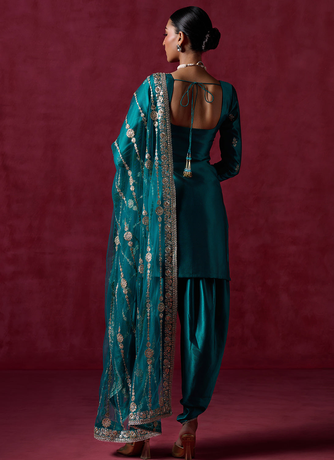 Sea Green Embroidered Satin Punjabi Suit