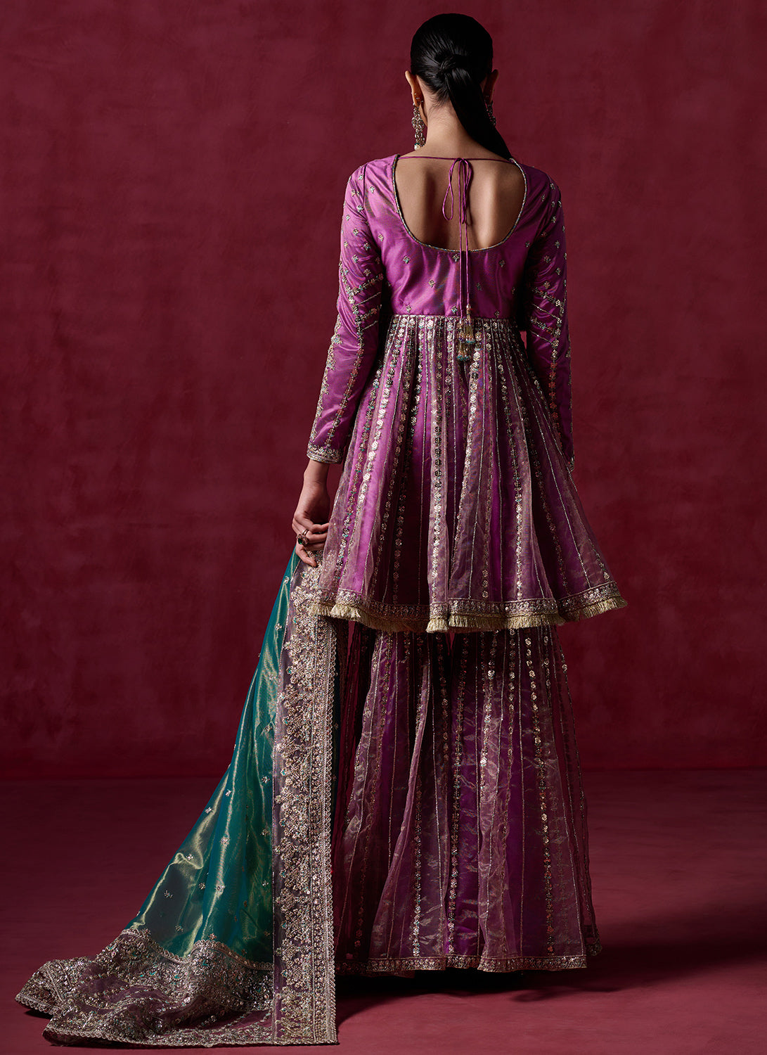 Purple Embroidered Peplum Style Gharara