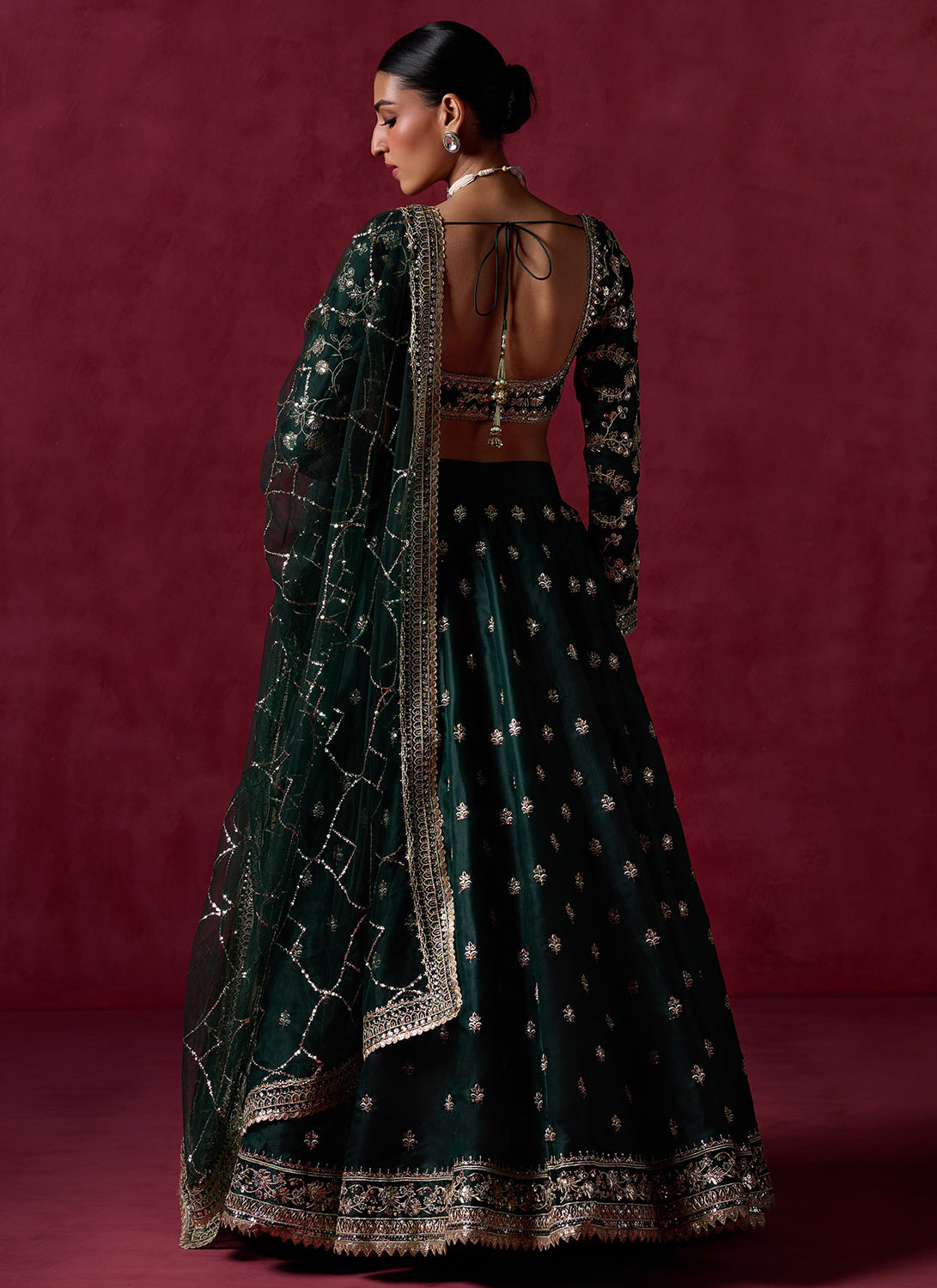 Bottle Green Embroidered Silk Lehenga