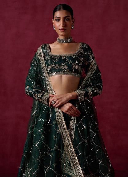 Bottle Green Embroidered Silk Lehenga