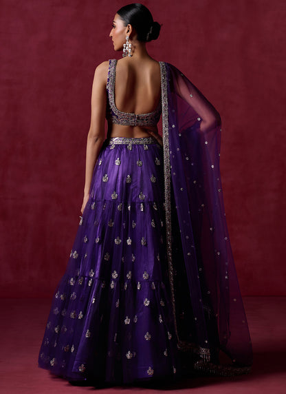 Purple Embroidered Net Lehenga