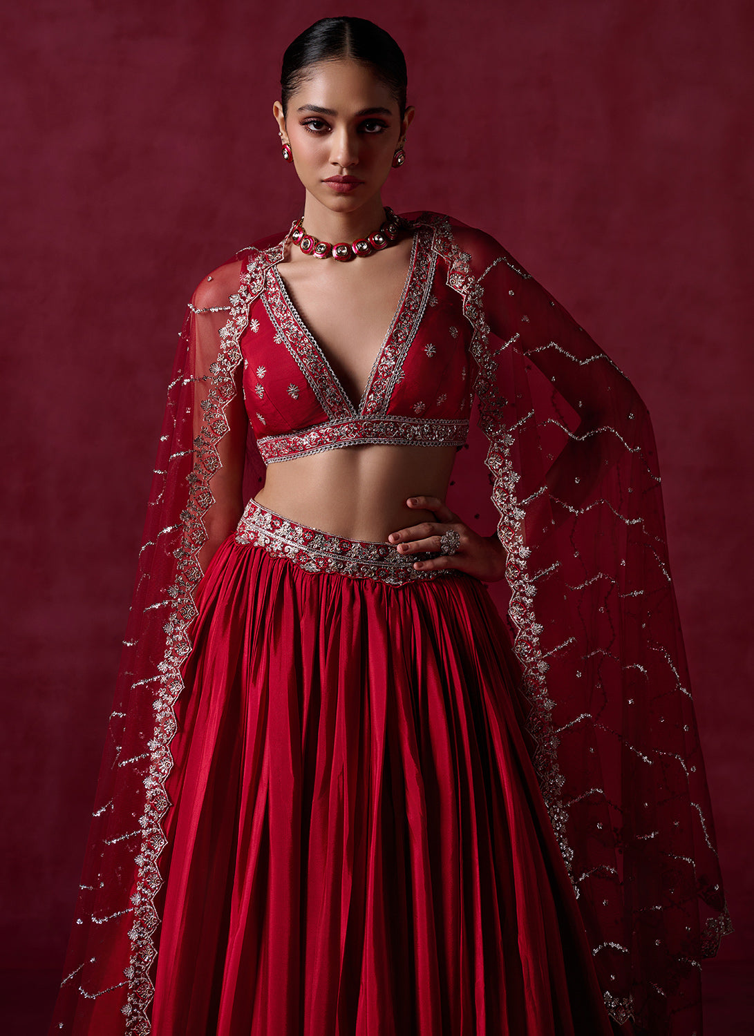 Red Embroidered Crepe Silk Lehenga