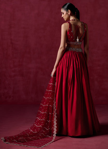 Red Embroidered Crepe Silk Lehenga