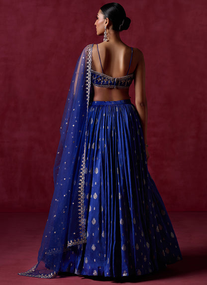 Royal Blue Embroidered Brocade Lehenga