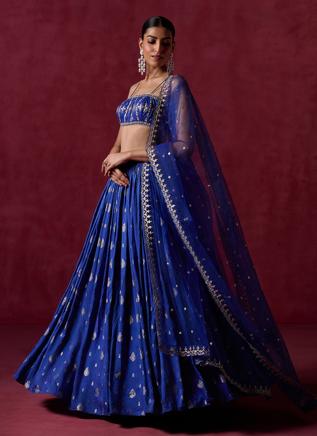 Royal Blue Embroidered Brocade Lehenga