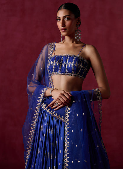 Royal Blue Embroidered Brocade Lehenga