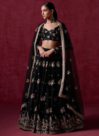 Black Embroidered Satin Lehenga