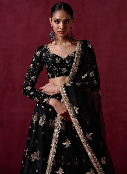 Black Embroidered Satin Lehenga