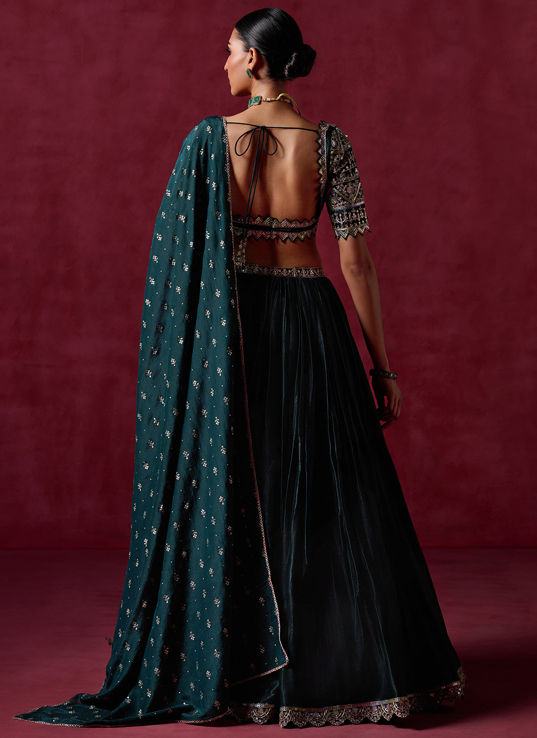 Dark Green Embroidered Satin Lehenga