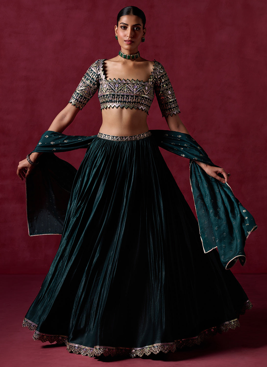 Dark Green Embroidered Satin Lehenga