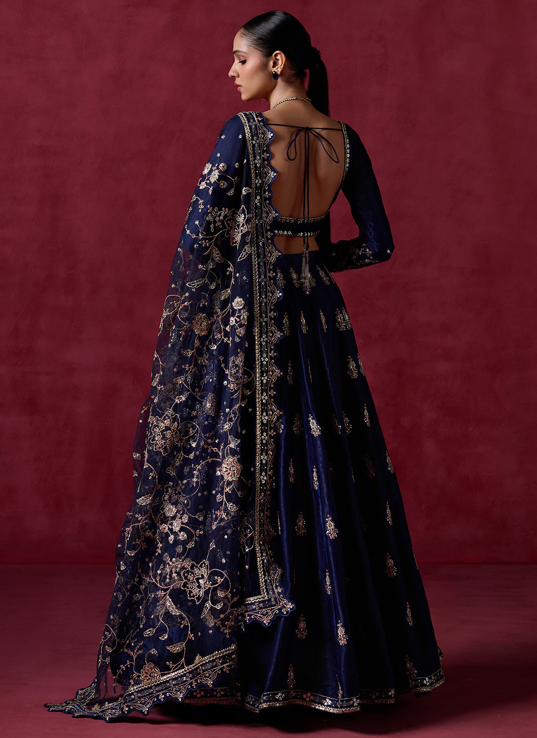 Blue Embroidered Satin top Lehenga Choli