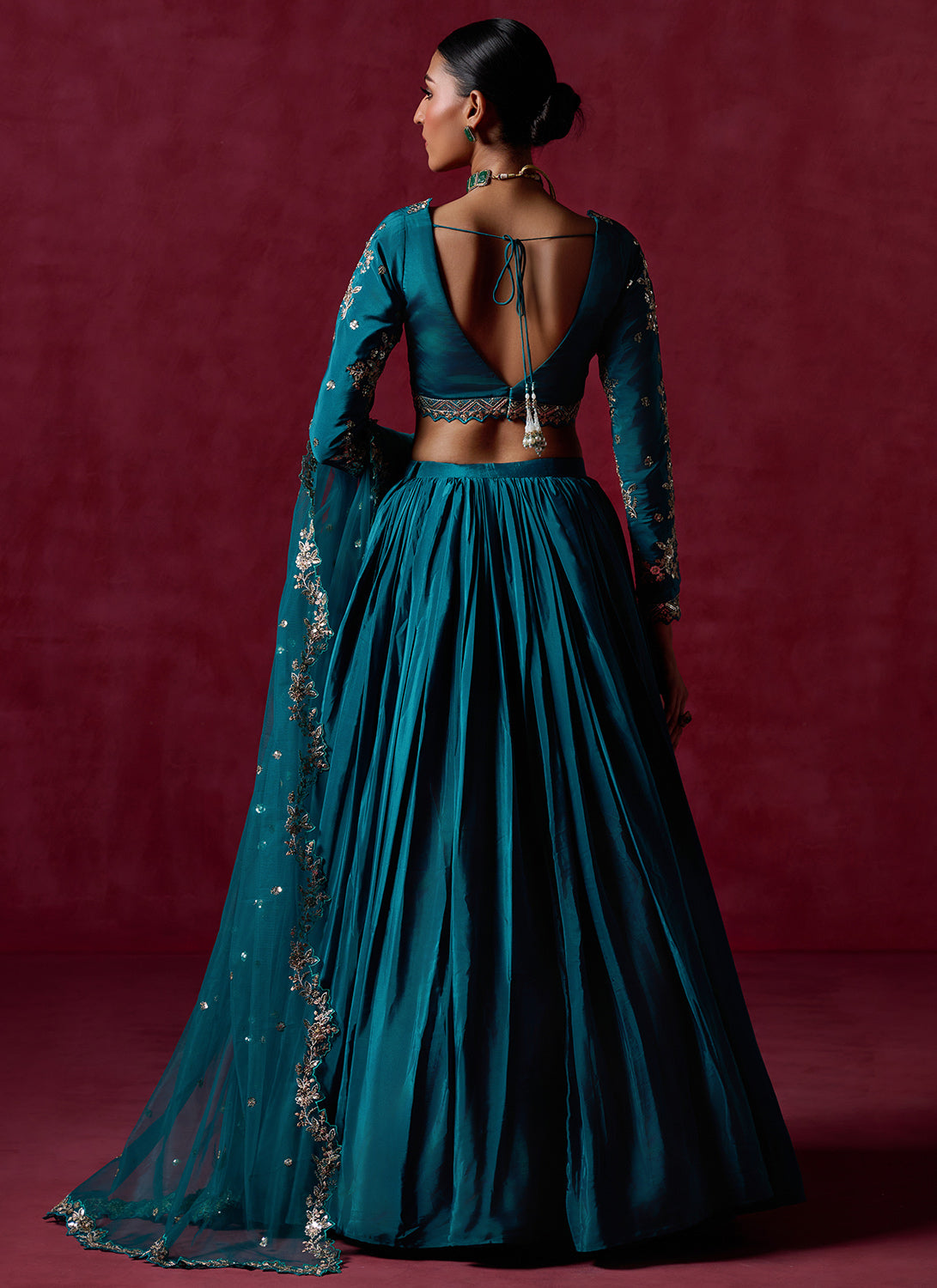 Teal Green Embroidered Crepe Silk Lehenga