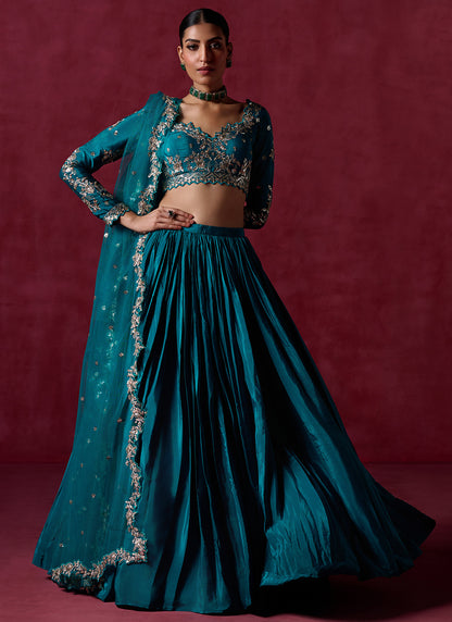 Teal Green Embroidered Crepe Silk Lehenga