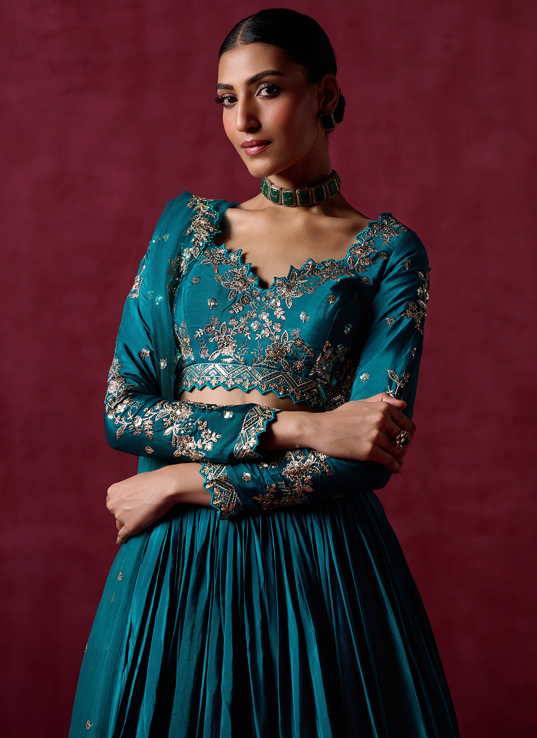 Teal Green Embroidered Crepe Silk Lehenga