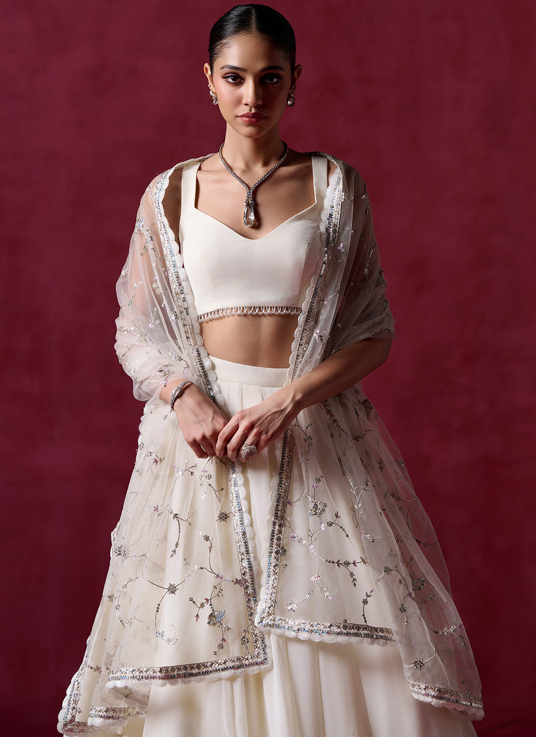 Ivory Embroidered Georgette Lehenga