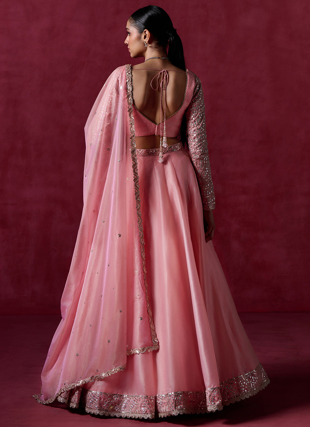 Peach Embroidered Crepe Lehenga