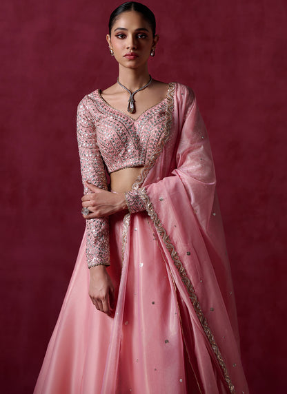 Peach Embroidered Crepe Lehenga