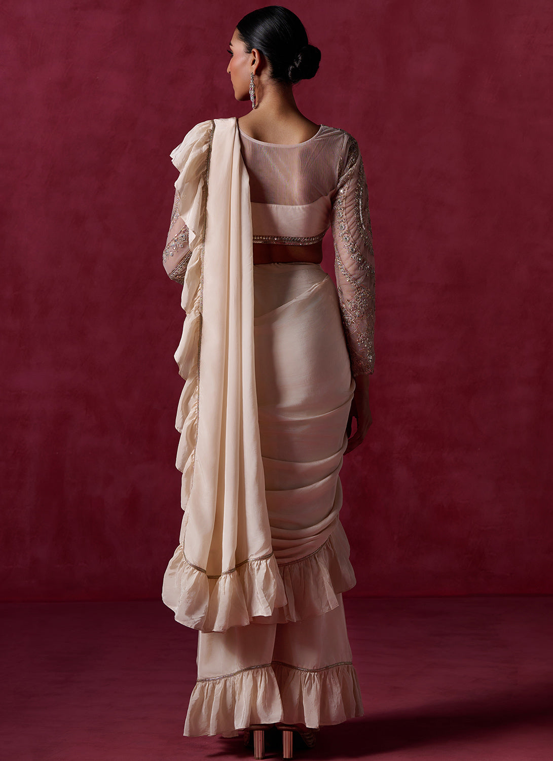 Nude Ruffled Crepe Saree