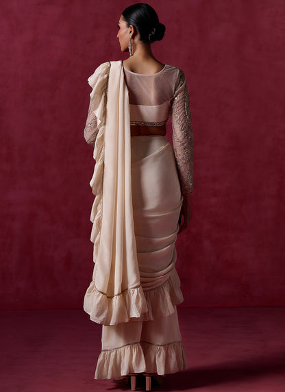 Nude Ruffled Crepe Saree