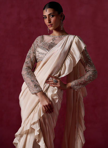 Nude Ruffled Crepe Saree