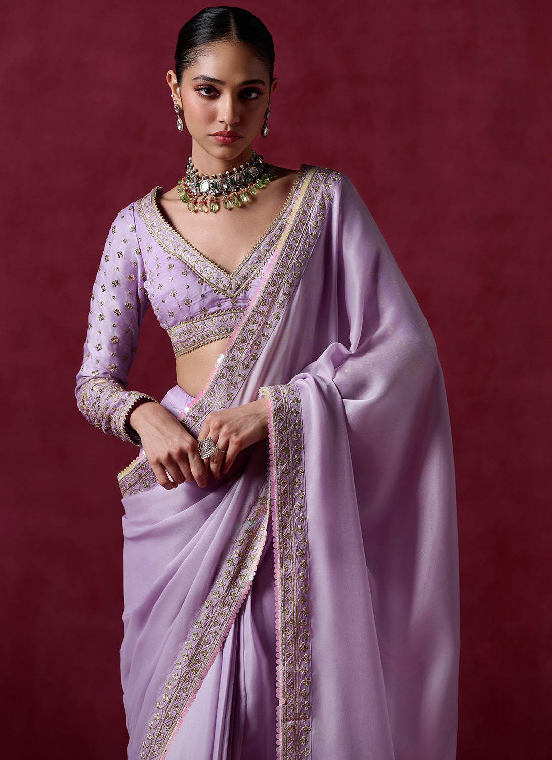 Lavender Embroidered Silk Saree