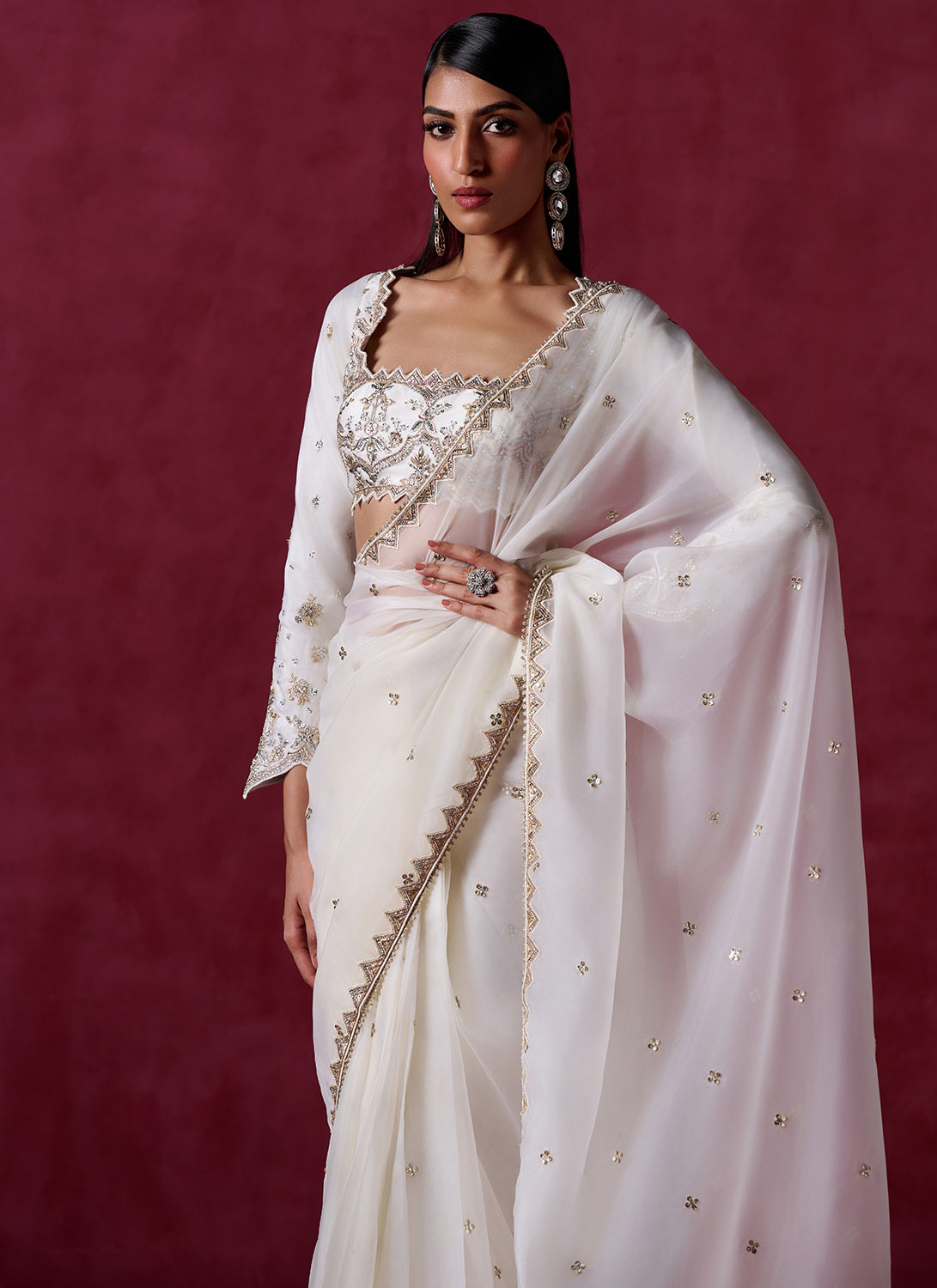 Off White Embroidered Organza Saree