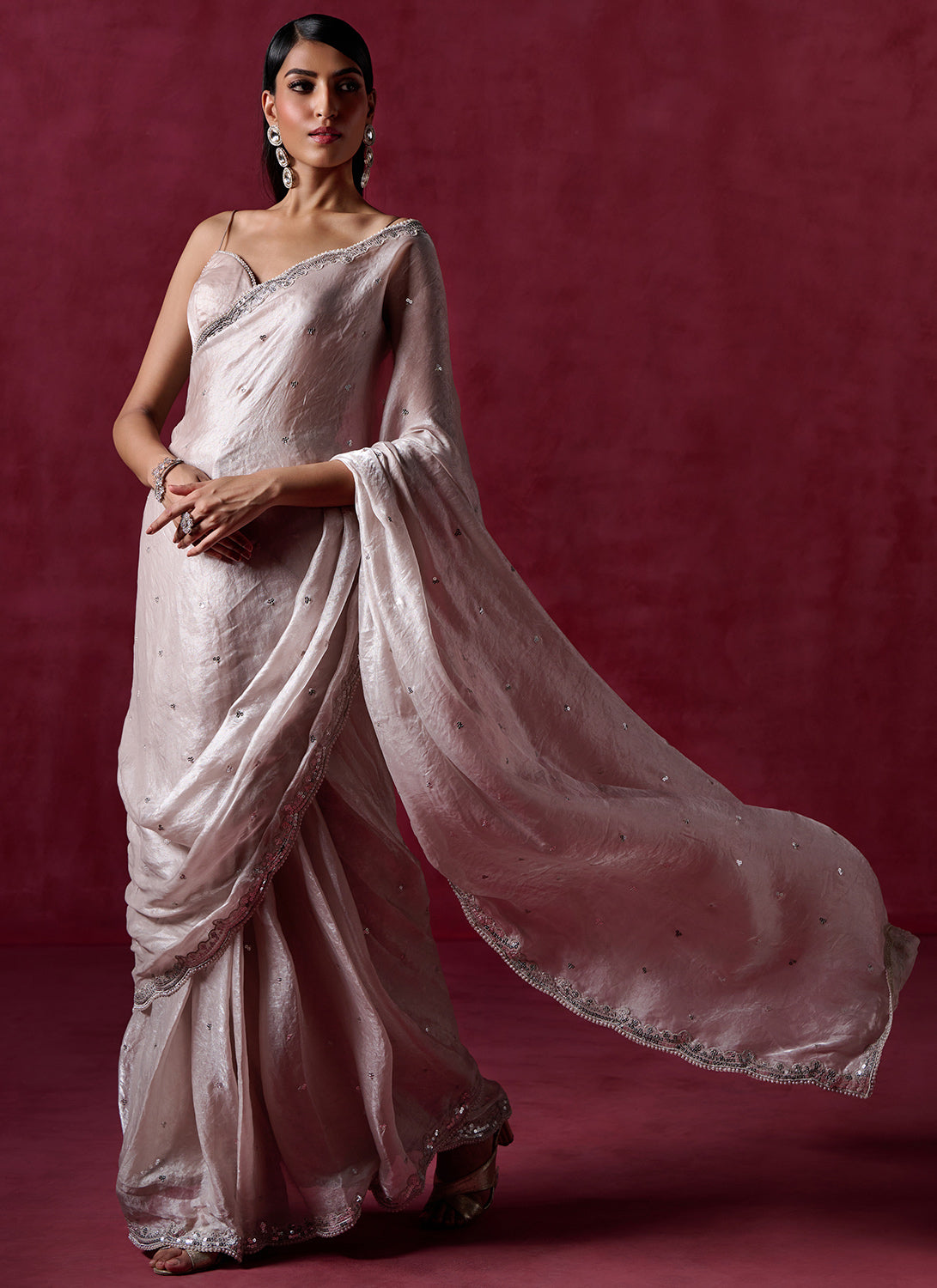 Nude Embroidered Silk Saree