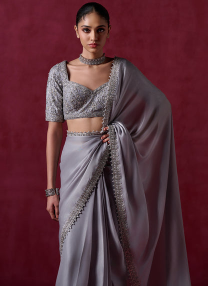 Grey Embroidered Silk Saree