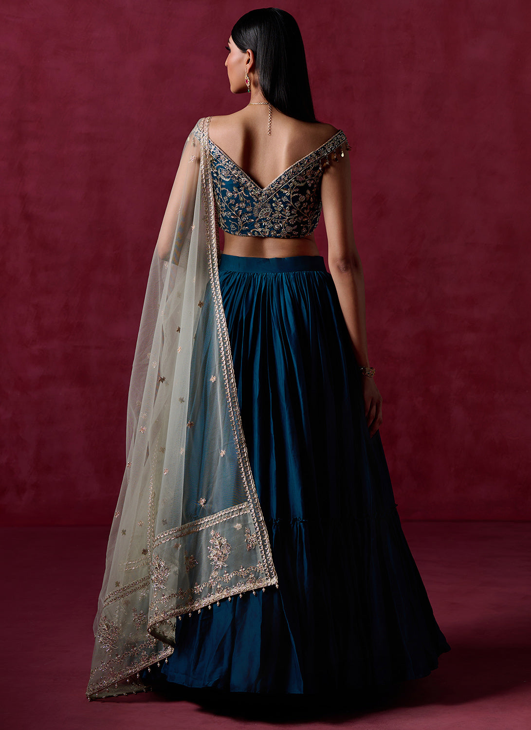 Teal Blue Embroidered Crepe Silk Lehenga