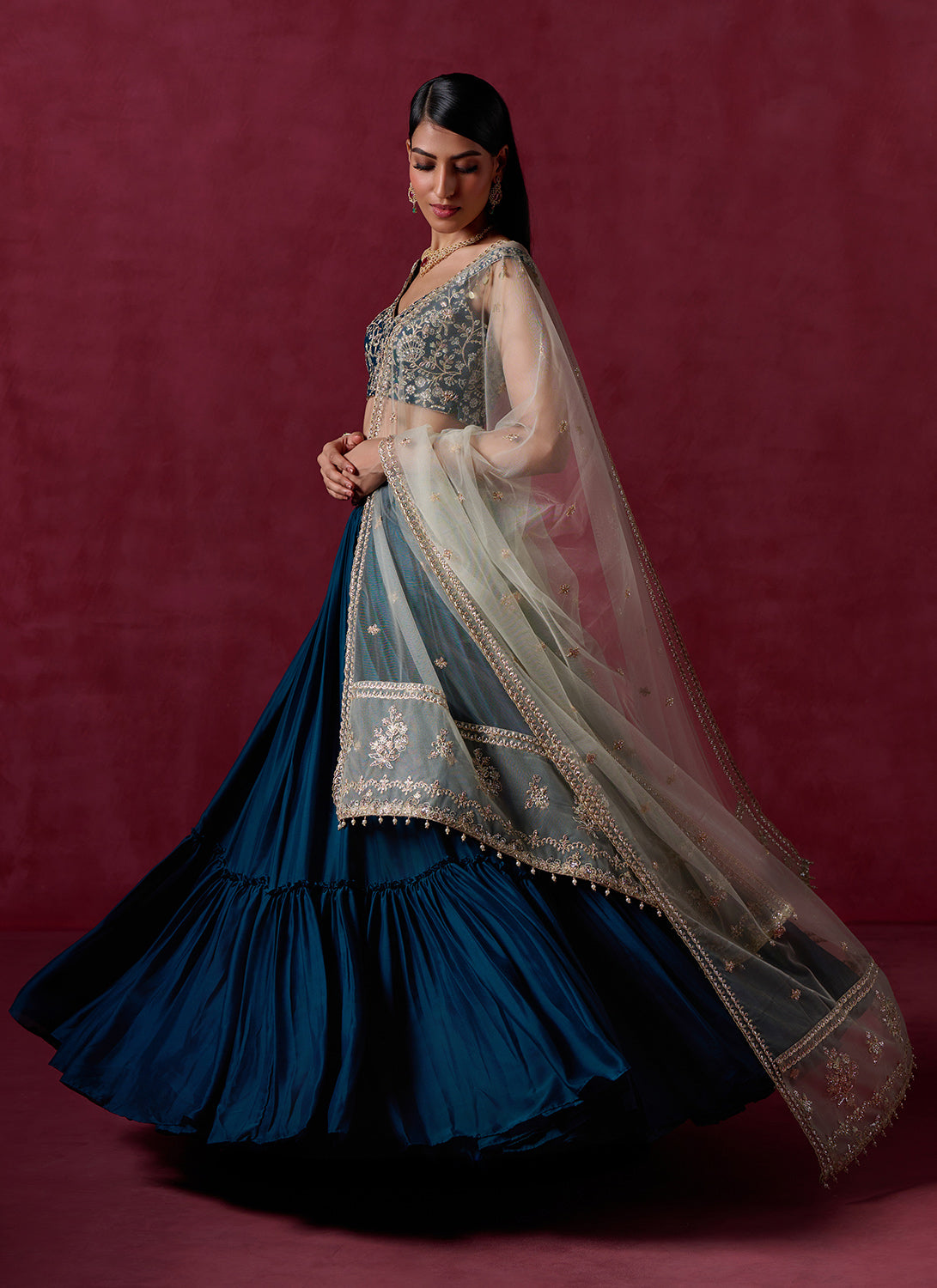 Teal Blue Embroidered Crepe Silk Lehenga