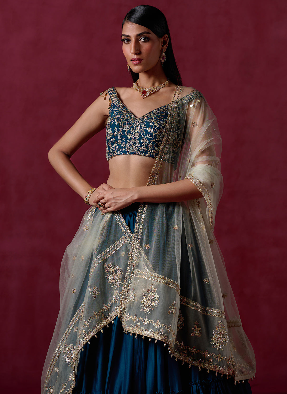 Teal Blue Embroidered Crepe Silk Lehenga