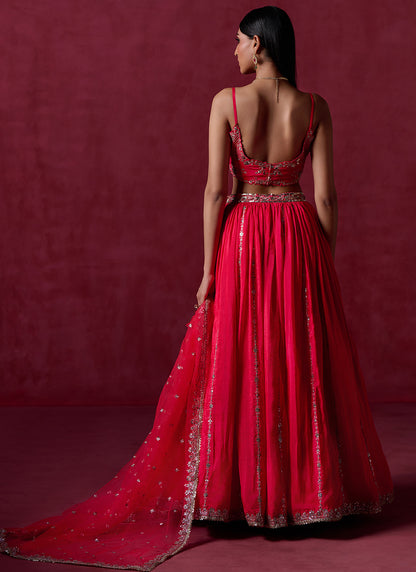 Hot Pink Embroidered Crepe Silk Lehenga