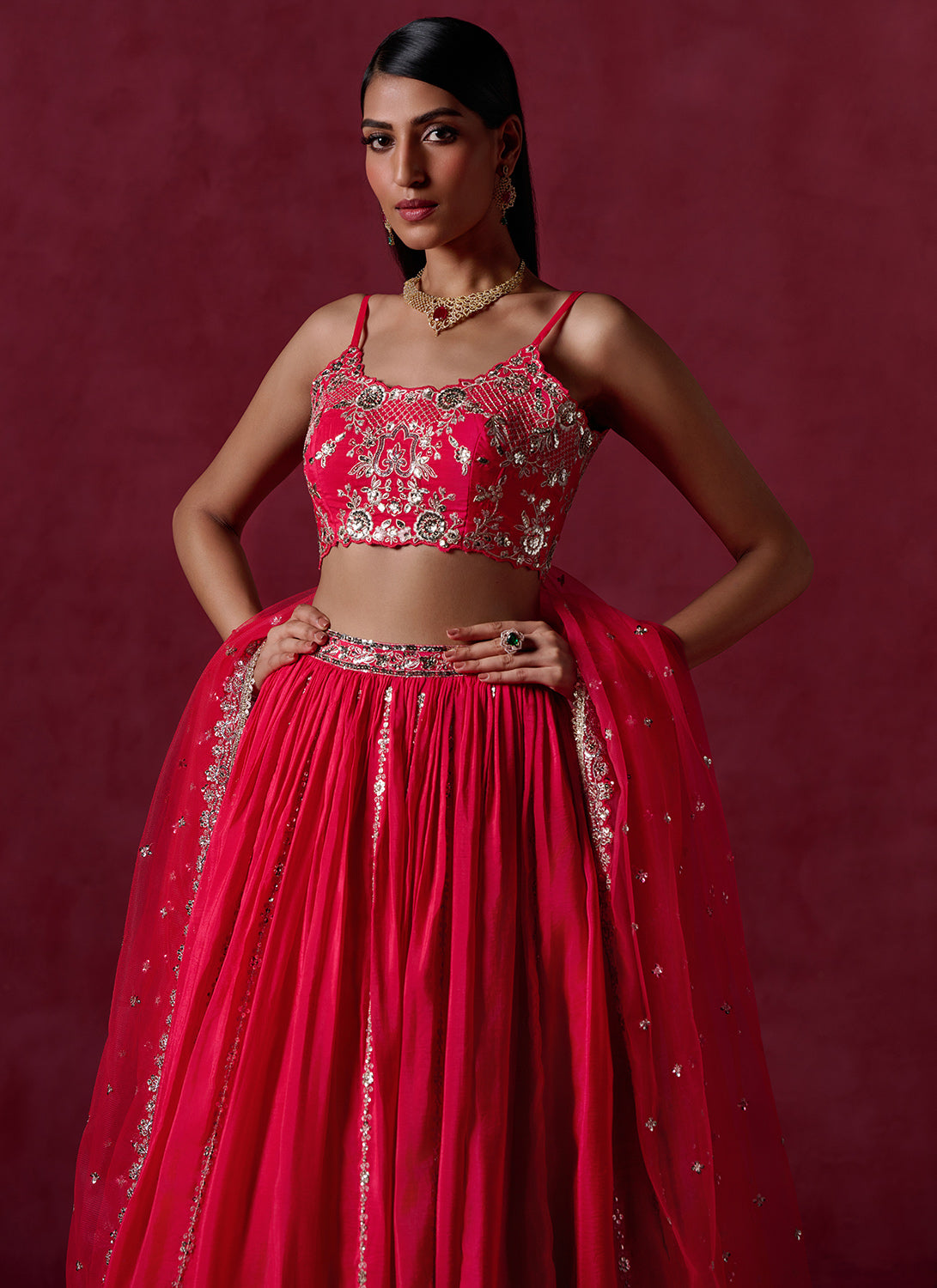 Hot Pink Embroidered Crepe Silk Lehenga