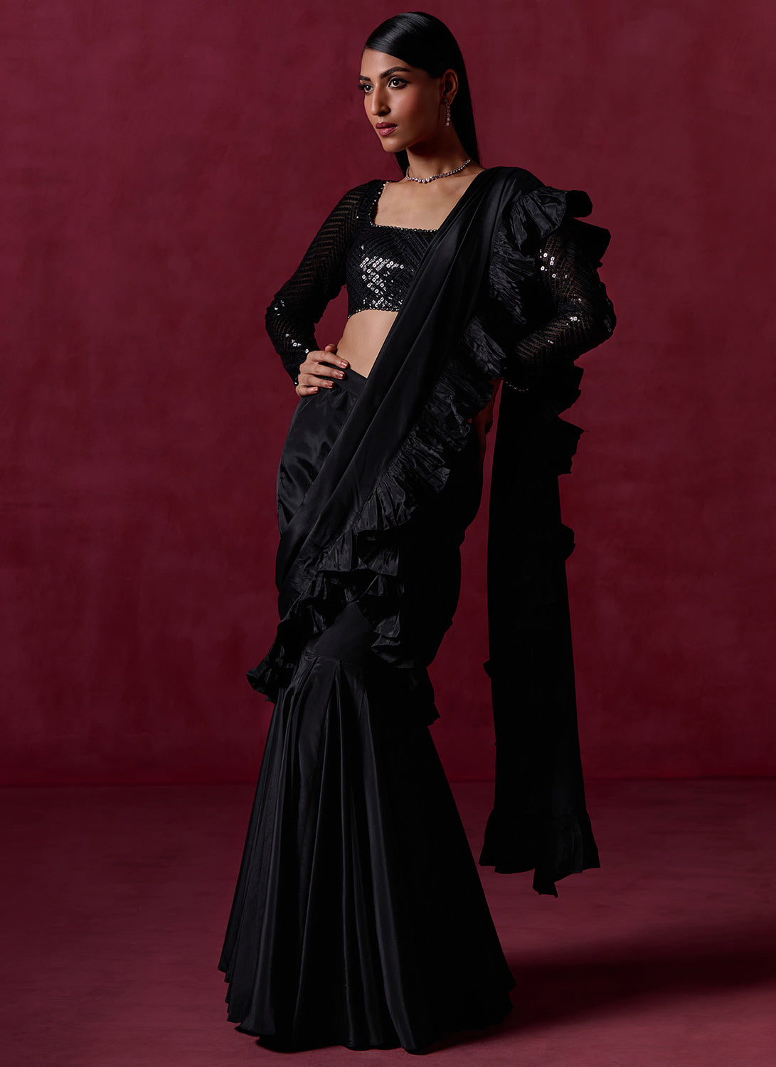 Black Ruffled Crepe Saree