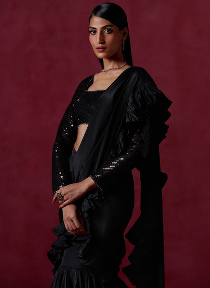 Black Ruffled Crepe Saree