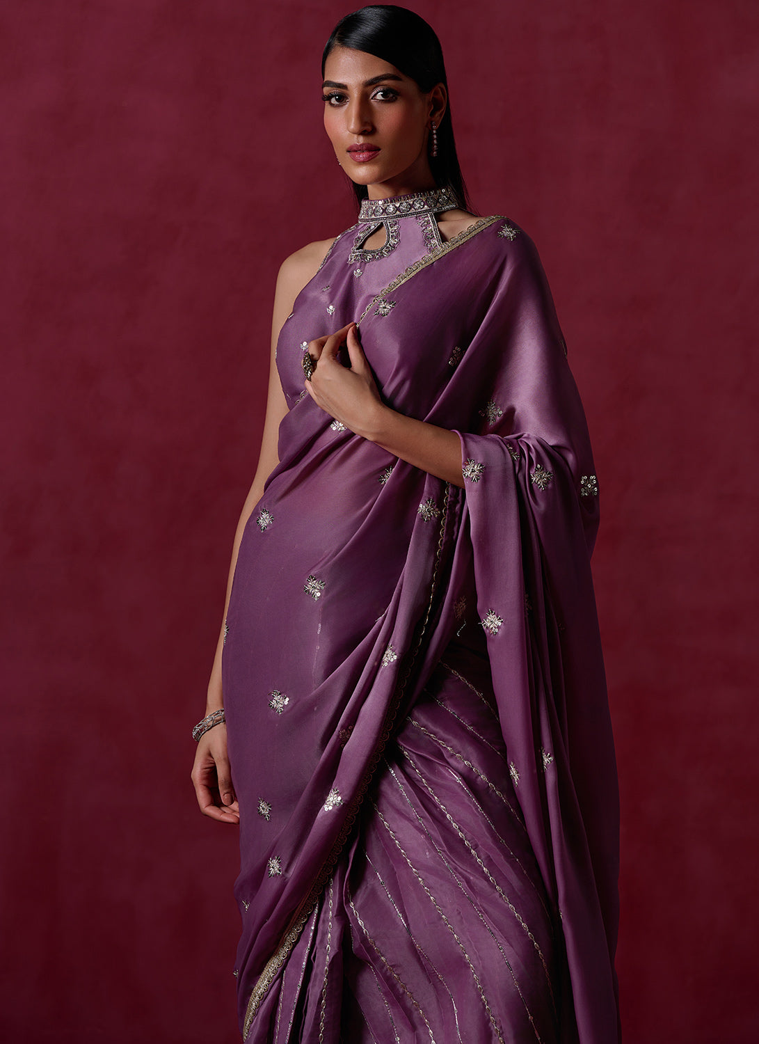 Dusty Purple Embroidered Silk Saree