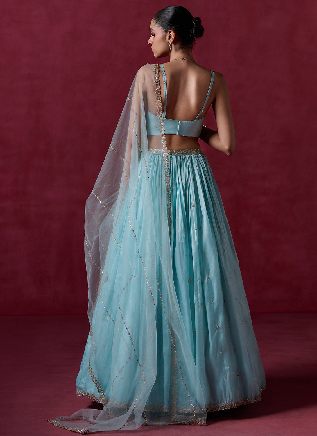 Light Dusty Blue Embroidered Organza Lehenga