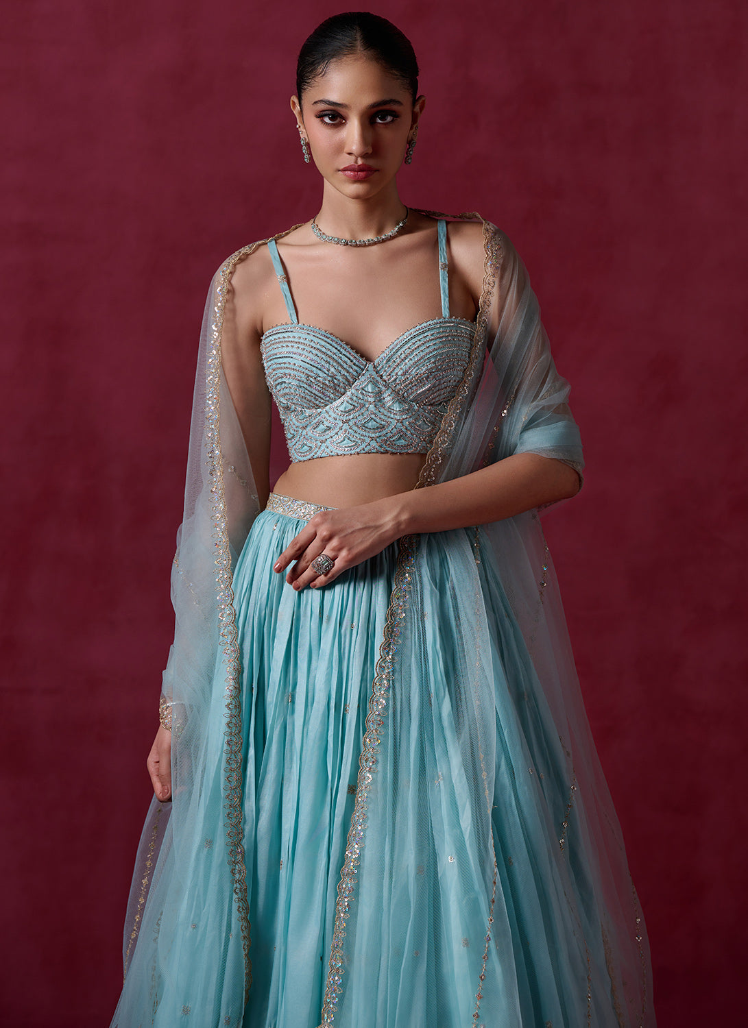 Light Dusty Blue Embroidered Organza Lehenga