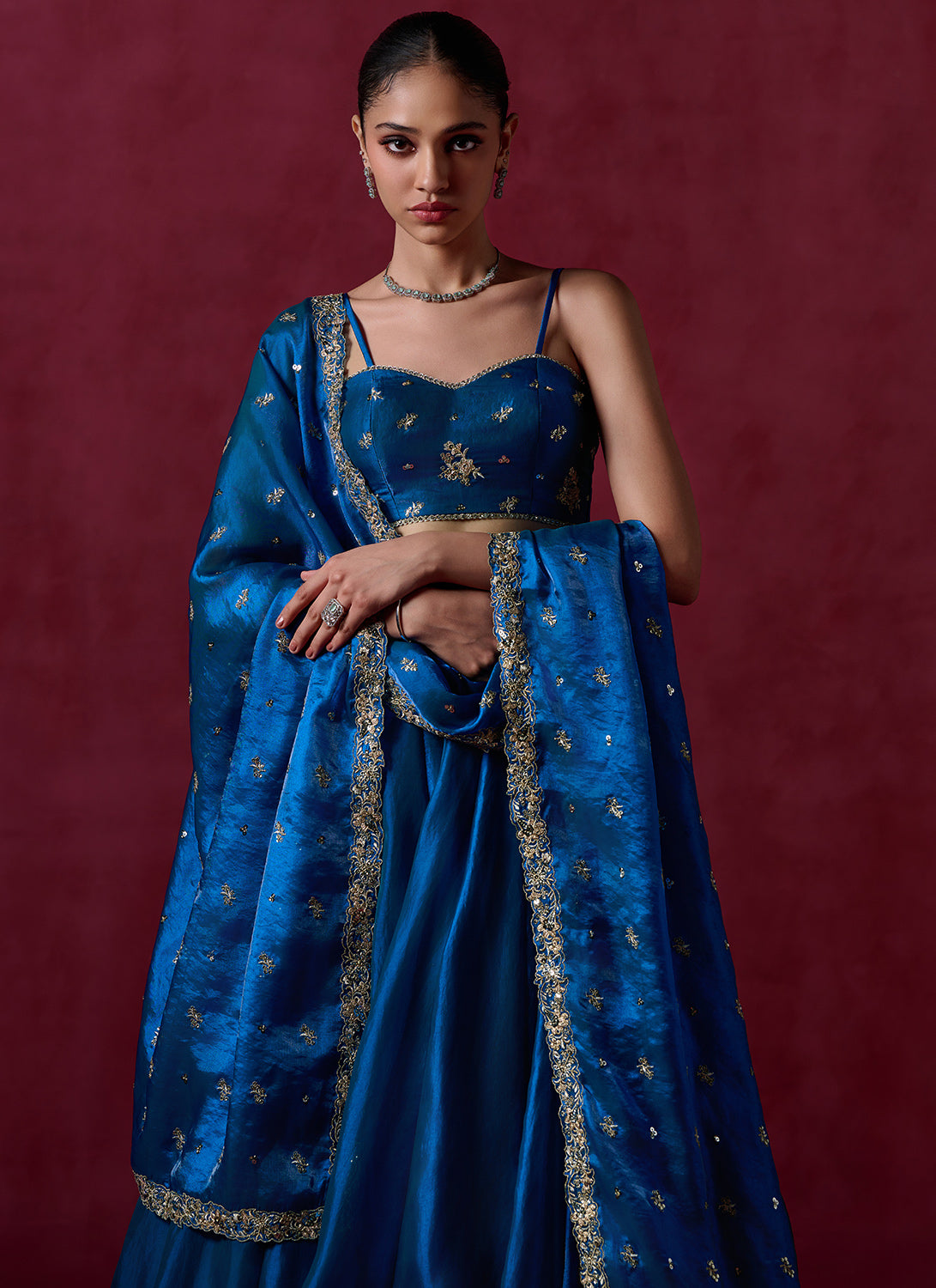 Peacock Blue Embroidered Organza Lehenga