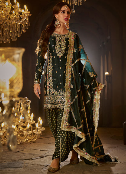 Bottle Green Embroidered Punjabi Suit