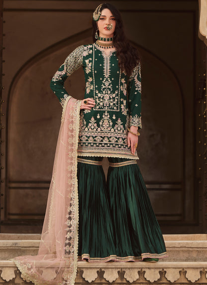 Bottle Green Embroidered Gharara Suit